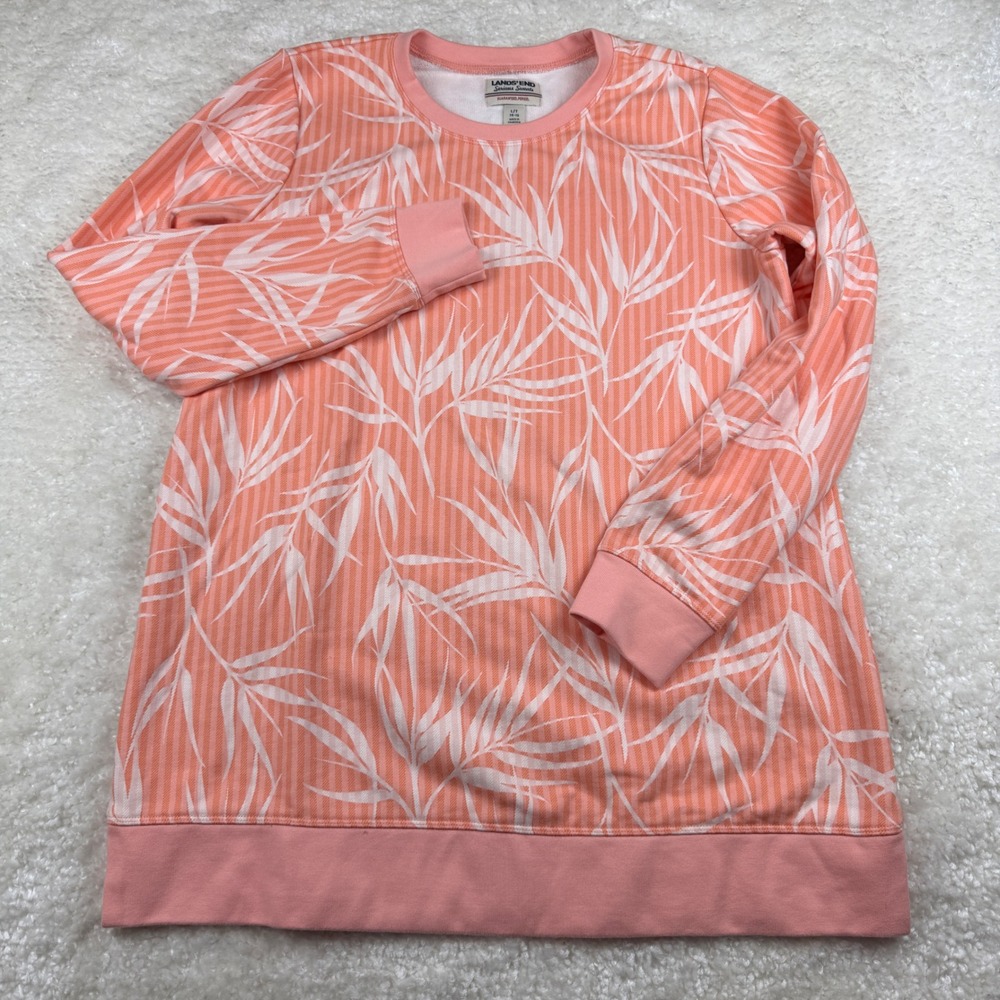 Lands End Sweatshirt Womens L/T Coral Pink Tropical Leaf Serious Sweats Tunic